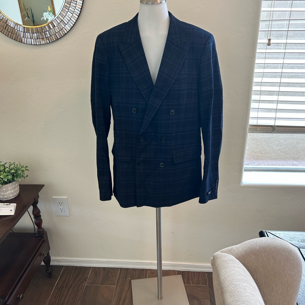 Men's Designer Navy Plaid Double-Breasted Blazer Ferued